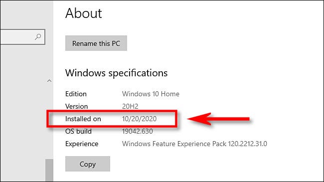En la configuración de Windows, encontrará la última fecha de instalación de la actualización importante en "Instalado" en "Especificaciones de Windows."