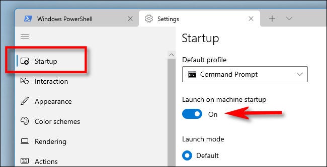 En Configuración de terminal de Windows, haga clic en "Inicio" en la barra lateral, luego active "Iniciar al iniciar la máquina".