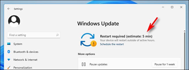Un ejemplo de la estimación de tiempo de Windows Update en la configuración de Windows.