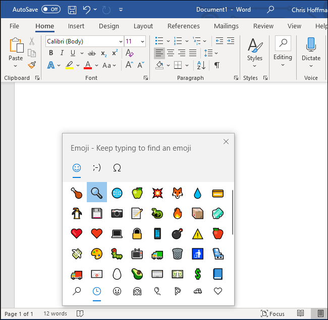 Selector de emoji de Windows 10 en Microsoft Word 365.
