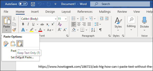 La opción "Mantener solo texto" para pegar texto en Microsoft Word.