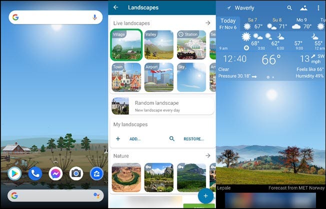 Tre paesaggi e il meteo locale nell'app Yowindow.